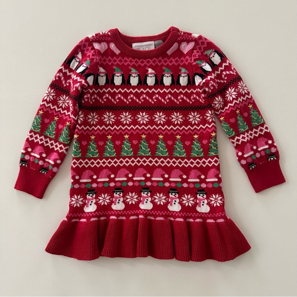 Holiday Christmas 2T Toddler Girl Knit Dress Red Fair Isle Penguin Snowman